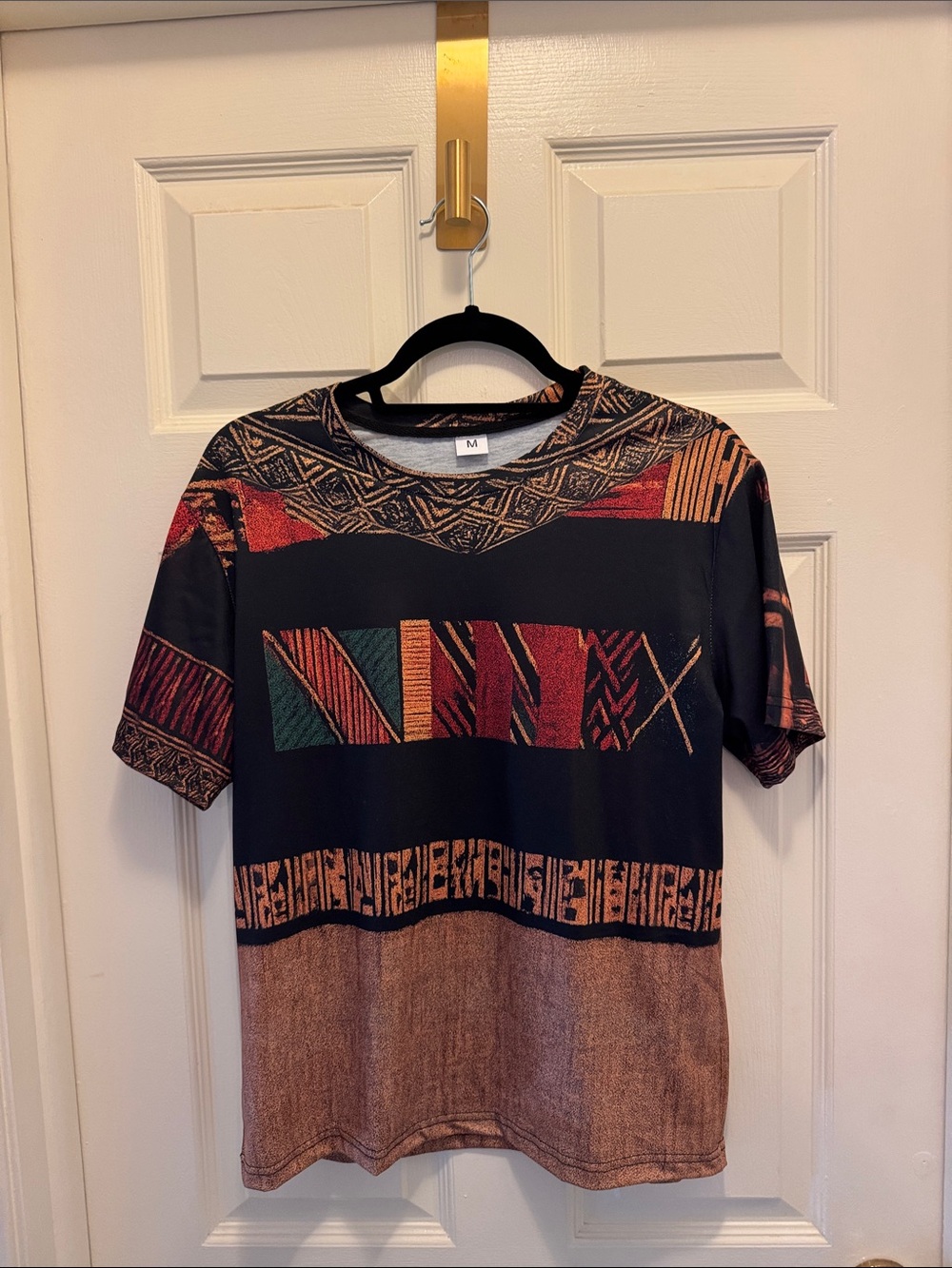 Ethnic Indian Wear Black, Rust & Green Patterned Short Sleeve Tee
